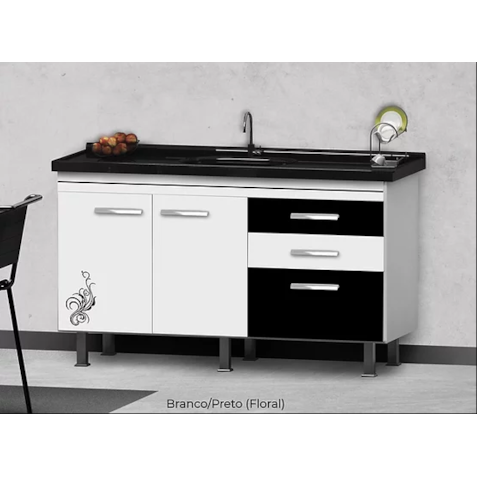 Gabinete Fimap Criativ P/Pia 150 Floral Preto/Branco